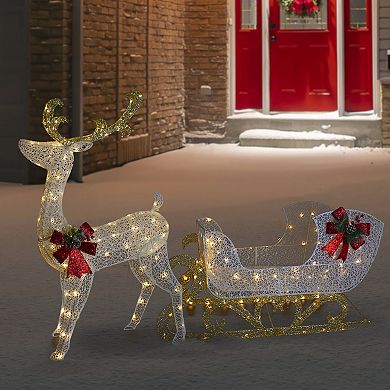 48" LED Lighted Glitter Reindeer with Sleigh Outdoor Christmas Decoration