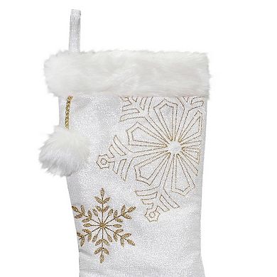 20" White with Gold Snowflakes Christmas Stocking with Cuff