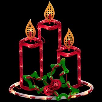 Lighted Candles with Holly and Berry Christmas Window Silhouette - 16.5 Inch