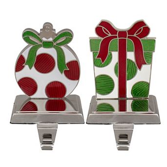 Set of 2 Green Red and Silver Gift Box Christmas Stocking Holder