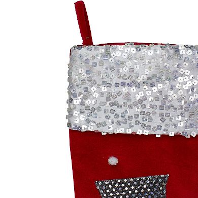 20.5" Red and White Snowman Embroidered Christmas Stocking with Sequined Cuff