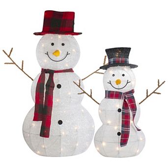 Set of 2 Lighted Tinsel Snowmen Family Christmas Yard Decorations
