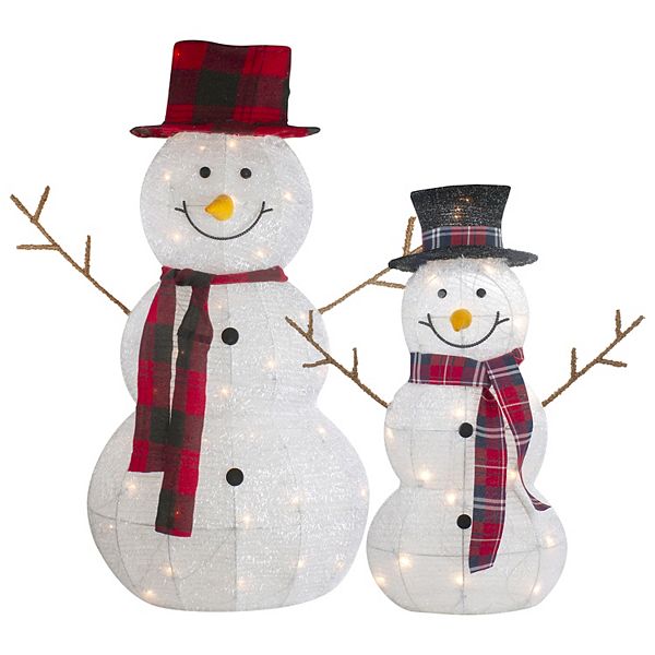 Set of 2 Lighted Tinsel Snowmen Family Christmas Yard Decorations