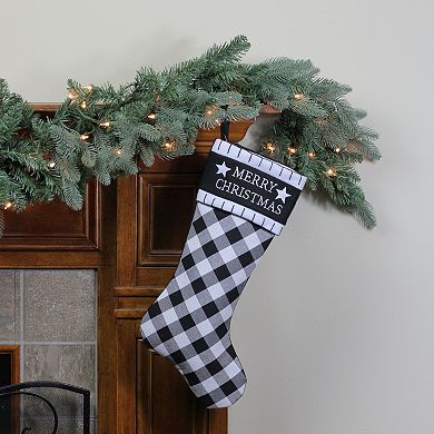 20.5" Black and White "Merry Christmas" Christmas Stocking with Blanket Stitch Cuff