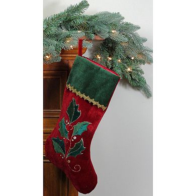 21" Red and Green Holly Embroidered Velvet Christmas Stocking