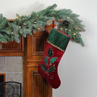 21" Red and Green Holly Embroidered Velvet Christmas Stocking