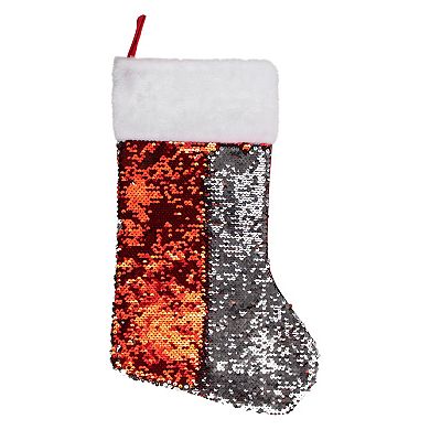 19" Red and Silver Sequin Christmas Stocking With White Faux Fur Cuff