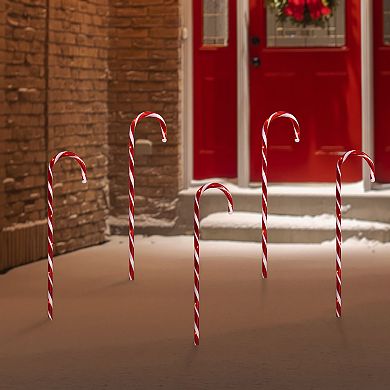 Set of 5 Red Lighted Candy Cane Christmas Lawn Stakes 28"
