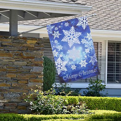 Merry Christmas and Snowflakes Blue and White Garden Flag 28" x 40"
