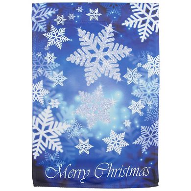Merry Christmas and Snowflakes Blue and White Garden Flag 28" x 40"