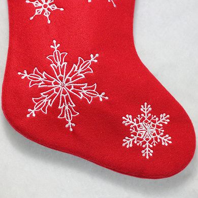 16" Red and White Merry Christmas Snowflake Embroidered Christmas Stocking
