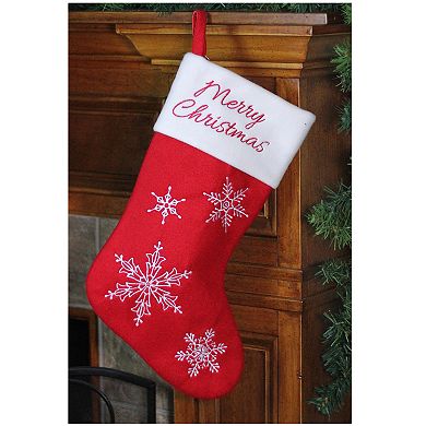 16" Red and White Merry Christmas Snowflake Embroidered Christmas Stocking