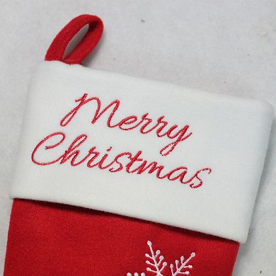 16" Red and White Merry Christmas Snowflake Embroidered Christmas Stocking