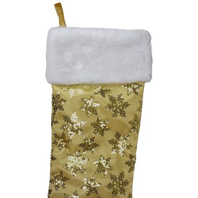 20.5" Gold and White Sequin Snowflake Christmas Stocking