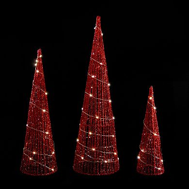 Set of 3 LED Lighted Red Glitter Cone Tree Outdoor Christmas ...