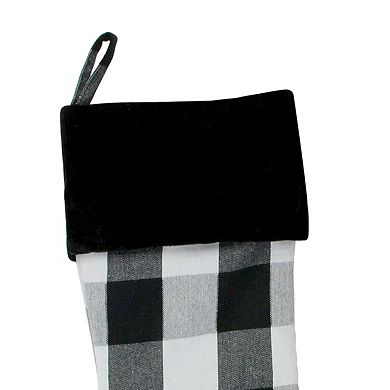 20" White and Black Buffalo Plaid Christmas Stocking with Velvet Cuff