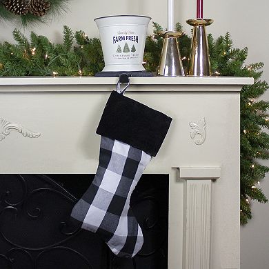 20" White and Black Buffalo Plaid Christmas Stocking with Velvet Cuff