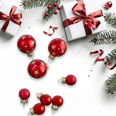 16-Piece Set of Assorted Red Glass Christmas Ball Ornaments with Tree Topper