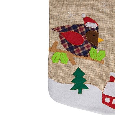19" Beige and Red Burlap "Let It Snow" Bird Christmas Stocking