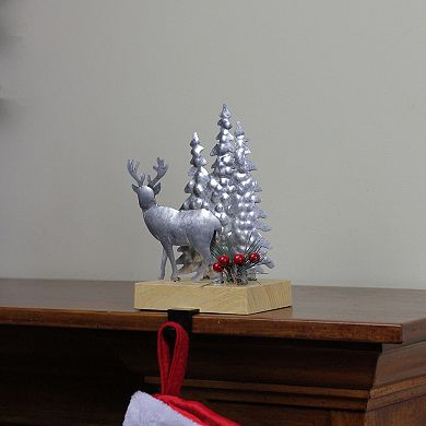 8.5" Silver and Brown Galvanized Metal Deer with Trees Christmas Stocking Holder