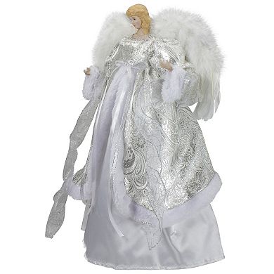 18" Lighted White and Silver Angel in a Dress Christmas Tree Topper - Warm White Lights