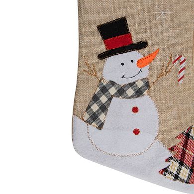 19" Beige and Red Burlap "Merry Christmas" Snowman Christmas Stocking