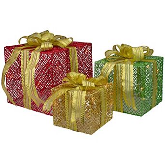 Set of 3 LED Lighted Red Green and Gold Glitter Gift Boxes Outdoor Christmas Decoration