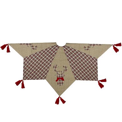 48" Red and Brown Burlap and Plaid Reindeer Christmas Tree Skirt with Tassels