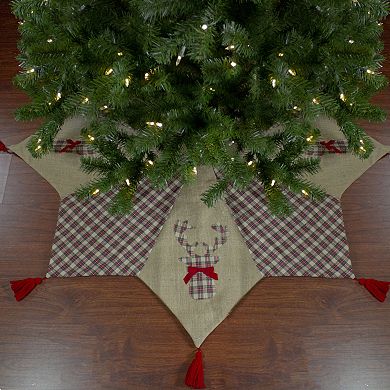 48" Red and Brown Burlap and Plaid Reindeer Christmas Tree Skirt with Tassels