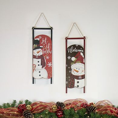 21.75" LED Lighted 'Welcome' Snowman Sled Christmas Wall Sign