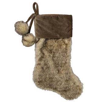 20.5-Inch Brown Christmas Stocking with Corduroy Cuff and Pom Poms