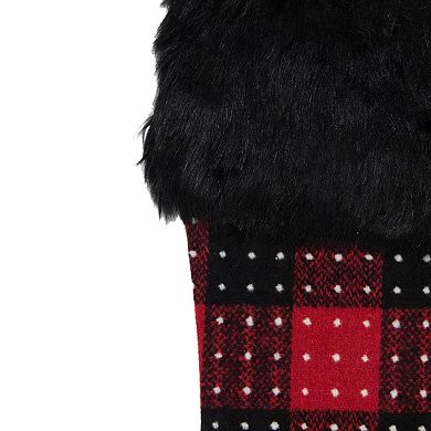 21.5" Red and Black Plaid with Dots and Faux Fur Cuff Christmas Stocking