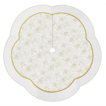 48" White and Gold Glitter Poinsettia Scalloped Christmas Tree Skirt