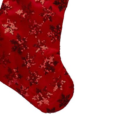 20.5" Red and White Sequin Snowflake Christmas Stocking