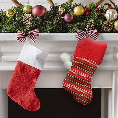 19" Red and Green Sweater Knit Christmas Stocking with Pom Poms