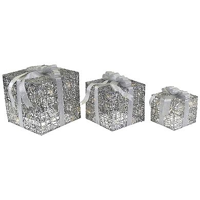 Set of 3 LED Lighted Silver Glitter Threaded Gift Boxes Outdoor Christmas Decoration