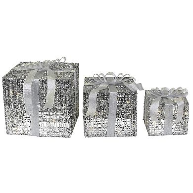 Set of 3 LED Lighted Silver Glitter Threaded Gift Boxes Outdoor Christmas Decoration