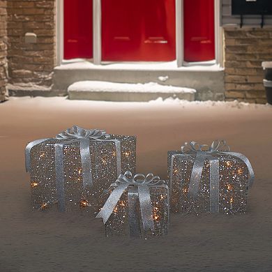 Set of 3 LED Lighted Silver Glitter Threaded Gift Boxes Outdoor Christmas Decoration