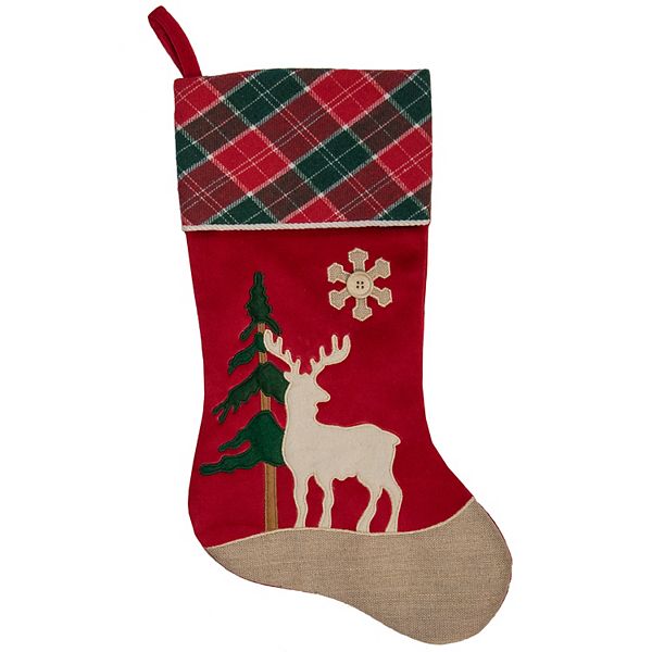 20.5-Inch Red and Green Plaid Christmas Stocking with a Pine Tree and Moose
