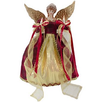 13.5" Lighted Red and Gold Angel with Wings Christmas Tree Topper - Clear Lights