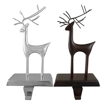 Set of 2 Oil Rubbed Bronze and Silver Reindeer Christmas Stocking Holders