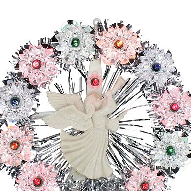 7.5" Pre-Lit Silver Tinsel Wreath with Angel Christmas Tree Topper - Multi Lights