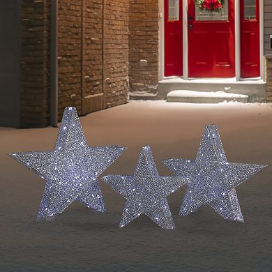 Set of 3 LED Lighted Silver Stars Outdoor Christmas Decorations 24"