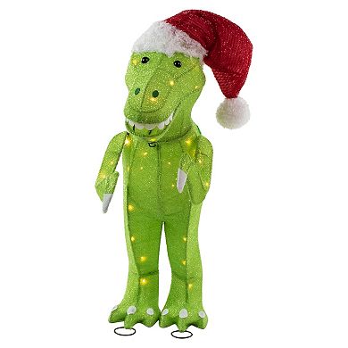 30" LED Lighted Tinsel Santa T-Rex Dinosaur Outdoor Christmas Decoration