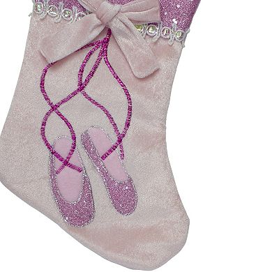 14" Pink and Silver Ballerina Shoes Christmas Stocking with Glitter Cuff and Bow