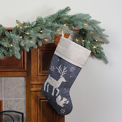 20" Burlap Christmas Stocking with Gray Felt Animal Stencil Design and Burlap Cuff