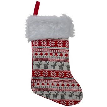 19" Red and White Tree Deer and Snowflake Knit Christmas Stocking with Faux Fur Cuff