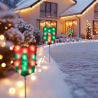 Set of 3 Lighted Holographic Christmas Gift Box Pathway Markers 4.75'