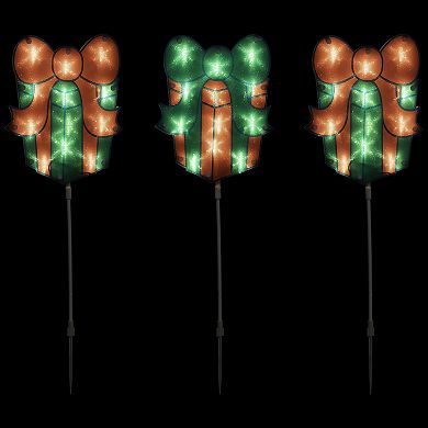 Set of 3 Lighted Holographic Christmas Gift Box Pathway Markers 4.75'