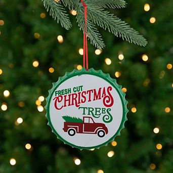 4" White Iron Cap "Fresh Cut Christmas Tress" With a Vintage Truck Ornament